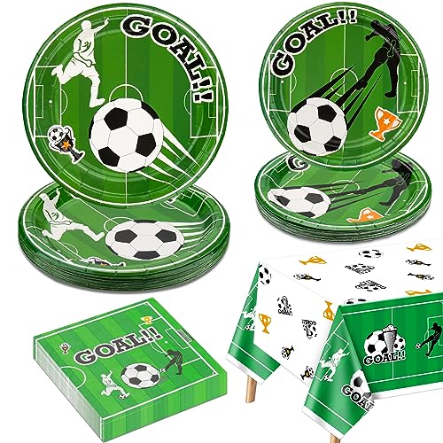 QUERICKY Fußball-Party-Dekorationen für 20 Gäste, Geschirr-Set enthält Fußball-Papierteller, Fußball-Tischdecke, Servietten für Jungen Sport-Thema Geburtstagsparty Baby-Dusche Party-Dekorationen von QUERICKY