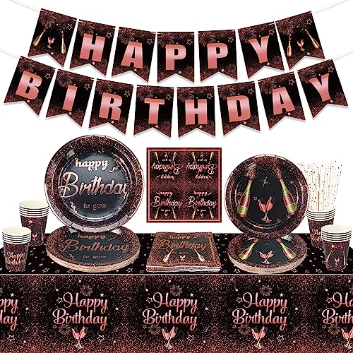 Rose Gold Geburtstag Zubehör, Schwarz und Rose Gold Geburtstag Party Dekorationen für Mädchen, Frauen, umfasst Happy Birthday Banner, Tischdecke, Pappteller, Servietten, Pappbecher, serviert 20 Gäste von QUERICKY