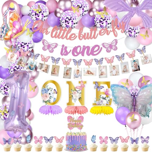 Schmetterling 1. Geburtstag Dekorationen, umfassen Our Little Butterfly is One Banner, Monatsfoto Banner, ein Jahr alt Tafelaufsatz, Cake Toppers, Luftballons für Mädchen ersten Geburtstag Party Schmetterling 1. Geburtstag Dekorationen, umfassen Our Little Butterfly is One Banner, Monatsfoto Banner, ein Jahr alt Tafelaufsatz, Cake Toppers, Luftballons für Mädchen ersten Geburtstag Party von QUERICKY