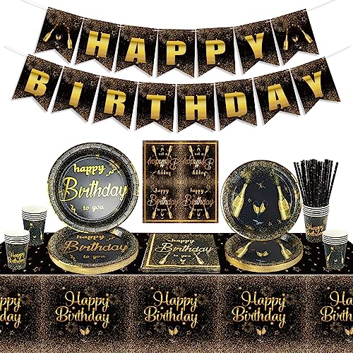 Schwarz-Gold Geburtstag Zubehör, Schwarz und Gold Geburtstag Party Dekorationen für Männer, Frauen, umfasst Happy Birthday Banner, Tischdecke, Pappteller, Servietten, Pappbecher, serviert 20 Gäste Schwarz-Gold Geburtstag Zubehör, Schwarz und Gold Geburtstag Party Dekorationen für Männer, Frauen, umfasst Happy Birthday Banner, Tischdecke, Pappteller, Servietten, Pappbecher, serviert 20 Gäste von QUERICKY