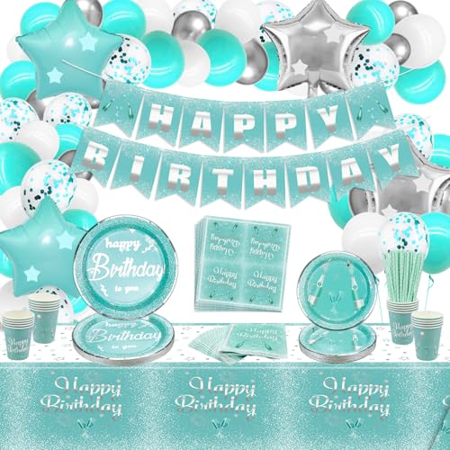 Teal Blau und Silber Geburtstag Dekorationen, Teal und Silber Geburtstag Party Dekorationen für Mädchen, Frauen, enthält Happy Birthday Banner, Tischdecke, Luftballons, Pappteller, Servietten, Tassen von QUERICKY