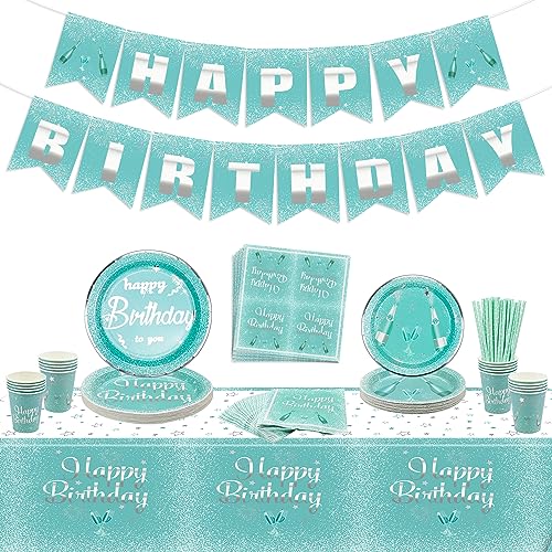 Teal Blau und Silber Geburtstag Dekorationen, Teal und Silber Geburtstag Party Dekorationen für Mädchen, Frauen, umfasst Happy Birthday Banner, Tischdecke, Pappteller, Servietten, Tassen von QUERICKY