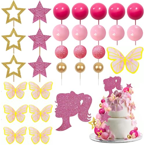 Tortenaufsätze für Mädchen, 47 Stück, Kugel-Kuchendekorationen mit pinkfarbenen Goldkugeln, glänzenden Sternen für glitzernde Mädchen, Hot Pink, Prinzessinnen-Thema, Hochzeit, Babyparty, Geburtstag von QUEXIAOKANG