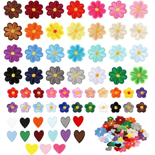 64 Stück Bügelflicken zum Aufbügeln, Bunte Aufbügel Patches, Gänseblümchen, Blumen & Herzen Aufnäher, Bügelbilder zur Dekoration für Kleidung/Taschen/Hüte 64 Stück Bügelflicken zum Aufbügeln, Bunte Aufbügel Patches, Gänseblümchen, Blumen & Herzen Aufnäher, Bügelbilder zur Dekoration für Kleidung/Taschen/Hüte von QUEXLAI