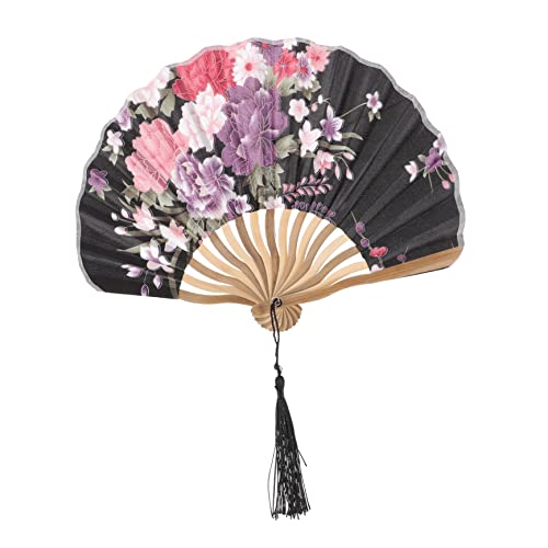 QUMIIRITY Japanischer Stil Faltfächer aus Holz Tragbarer Handfächer für Tanz Aufführung Fotografie und Sommerreisen Faltbarer Stofffächer Schwarz von QUMIIRITY