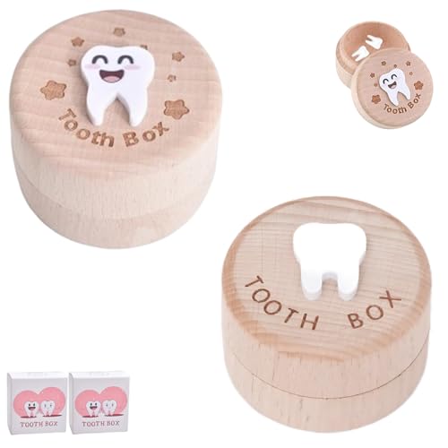 QUNXON Holz Milchzahndose, 2 Stück Zahndose Milchzähne Jungen mit 3D Milchzahnmuster, Zahndose Milchzähne Mädchen mit Farbiger, Zahnbox für Milchzähne Junge, Taufgeschenke Jungen Mädchen Eltern von QUNXON