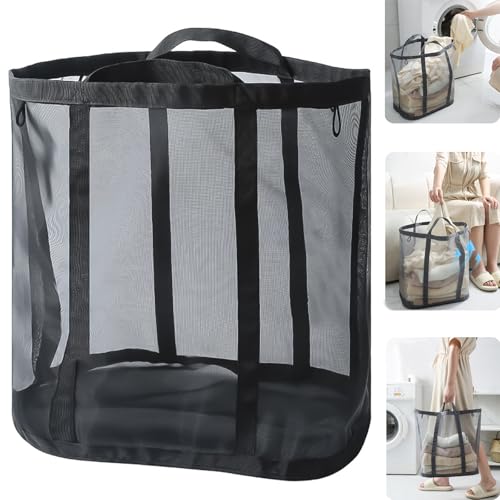 QUSHEJIAND Netztasche mit Griffen, faltbar, atmungsaktiv, Netzstoff, Wäschekorb, Wandbehang, Wäschekorb, faltbar, Strandtasche für Kleidung und Spielzeug, Aufbewahrungskorb, Badezimmer, Schlafzimmer, von QUSHEJIAND