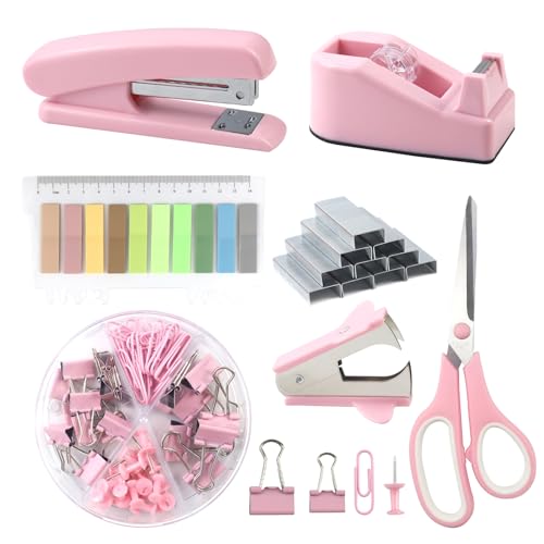 QUTHZZHY Bürobedarf, Schreibtischzubehör, Hefter und Klebebandabroller Set, Büro Zubehör, mit Heftklammerentferner, Klebebandabroller, Heftklammern, Clips, Schere, Tabs, für Schulbeginn List (Rosa) von QUTHZZHY
