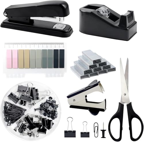 QUTHZZHY Bürobedarf, Schreibtischzubehör, Hefter und Klebebandabroller Set, Büro Zubehör, mit Heftklammerentferner, Klebebandabroller, Heftklammern, Clips, Schere, Tabs, für Schulbeginn List(Schwarz) von QUTHZZHY