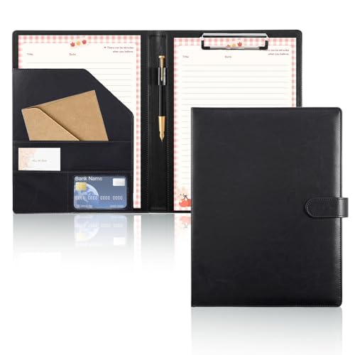 QUTHZZHY Klemmbrett A4 mit Deckel, Aktenmappe aus PU-Leder, A4 Schreibmappe Klemmbrettmappe, Business Mappe mit Dokumentenfächern Stiftehalter und Magnetverschluss, Wasserdicht (Schwarz) von QUTHZZHY