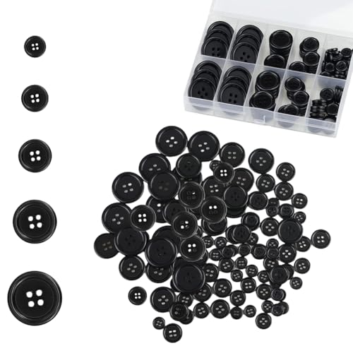 100 schwarze Harzknöpfe mit Aufbewahrungsbox für Mantel, DIY-Dekoration (5 Größen) von QUUPY