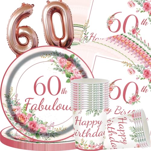 60 Geburtstagsdeko Partygeschirr Set, Partygeschirr 60.60 Geburtstag Partygeschirr Set,Happy 60th Birthday Papier Set für 60. Tasse Ballon Servietten Tischdeko Party Supplies Pappbecher (55PCS 16Gäste von QWEPU