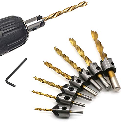 7PCS Countersink Drill Bit Set,High Speed Steel Drill with Wrench for Wood Drilling, Titanium Coated Drill Bit Set Carpentry Reamer Core Drill Bit Chamfer von QWEPU