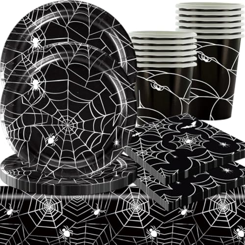 Halloween-Netz-Papierteller, Halloween-Geschirr-Set, Party-Dekoration, Horror-Party, Teller, Tasse, Servietten, Tischdecke (49 Stück, 12 Gäste) von QWEPU