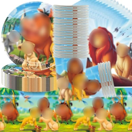 K-önig der Löwen Partygeschirr,L-ion Birthday Party Set, L-ion Party Tableware Set, Mit Tischtuch, Teller, Servietten und Pappbecher geeignet für Geburtstagsfeiern (61PCS, 20Gäste) von QWEPU