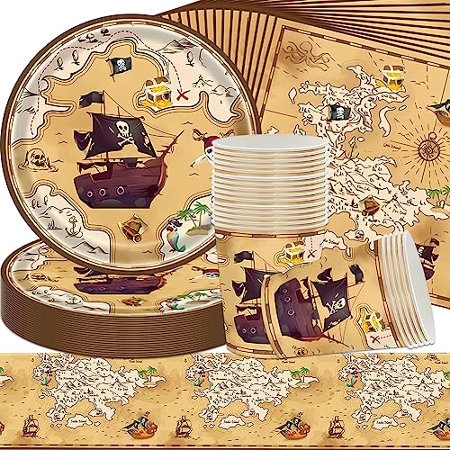 Piraten Partygeschirr Set,Piratenparty Geburtstag Deko Set,Piratenschiff Party geburtstag Geschirr Set, Wiederverwendbar, Teller, Becher, Servietten, Tischdecke (41PCS, 10Gäste) von QWEPU
