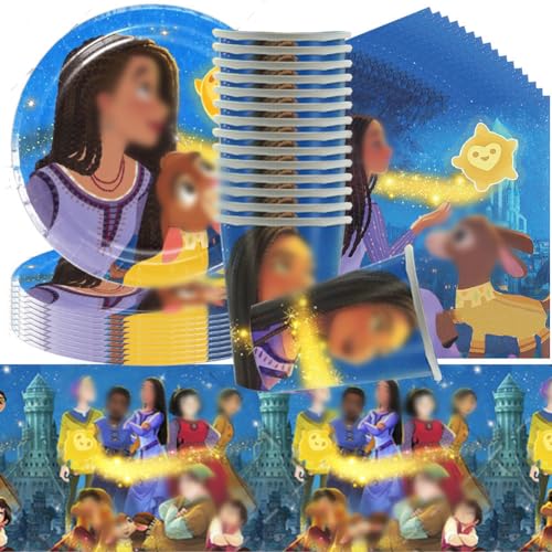 QWEPU Princess Geschirr, WI-SH Cartoon Geschirr, 61-teiliges Geburtstag Deko Set, Teller, Becher, Servietten, Tischdecke, für Tischdeko Geburtstag von QWEPU