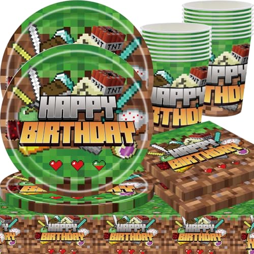 QWEPU Spiel Geburtstag Deko,spiel Partygeschirr Game geburtstag Deko,Spiel Partyzubehör Set, Gaming Thema Geburtstag Partygeschirr Dekoration, Teller, Tassen, Servietten,Tischdecken (61PCS 20Gäste) von QWEPU