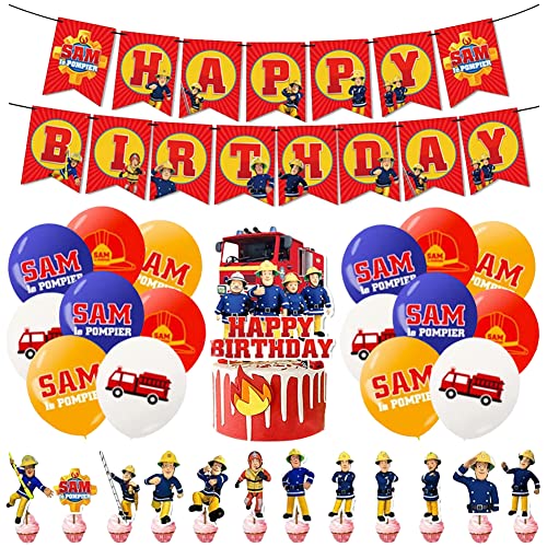 Sam Geburtstag Dekoration ,Feuerwehrmann Set Luftballons Happy Birthday Banner Kuchen-Toppers Latexballon Supplies für Kinder Baby Party Geburtstag Party Kuchen Dekoration Supplies von QWEPU