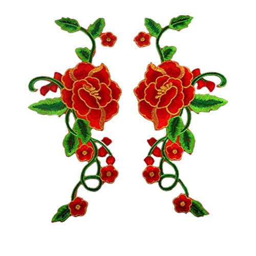 Applikationen für Kleidung, bestickte Blume, Stoffaufnäher, 1 Paar blühende Pfingstrosen in grünen Ranken (rot) von QWFVHJ
