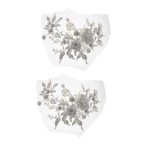 Applikationen für Kleidung, bestickte Blumen-Stoffaufnäher, 2 Stück bestickte Spitzenapplikationen (grau) von QWFVHJ