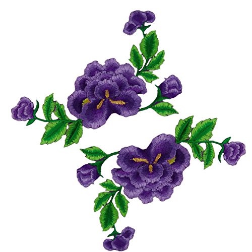 Applikationen für Kleidung, bestickte Blumen-Stoffaufnäher, doppellagig, Pfingstrosen auf Ranken-Applikationen (lila) von QWFVHJ