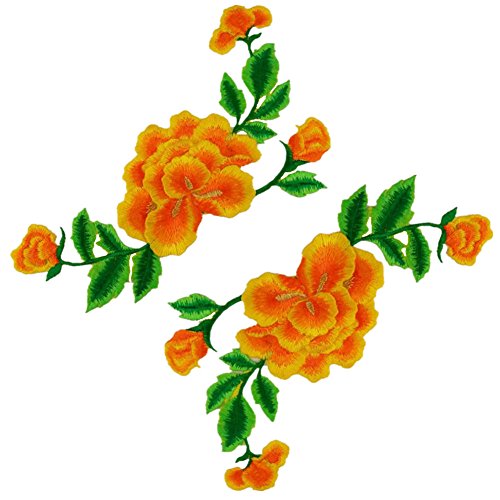 Applikationen für Kleidung, bestickte Blumen-Stoffaufnäher, doppellagige Pfingstrosen auf Ranken-Applikationen (gelb) von QWFVHJ
