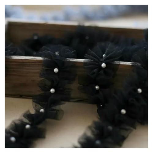Spitzenborte zum Nähen, gerüscht, plissiert, 5 cm breit, mittig gekräuselt, handgekräuselt, flauschiger Rand, DIY (schwarz) von QWFVHJ