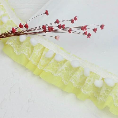 Spitzenborte zum Nähen, gerüschte Plissee-Spitzenborte, 10 m, Chiffon, plissiert, weiße Pompon-Applikation, DIY-Dekoration (gelb) von QWFVHJ