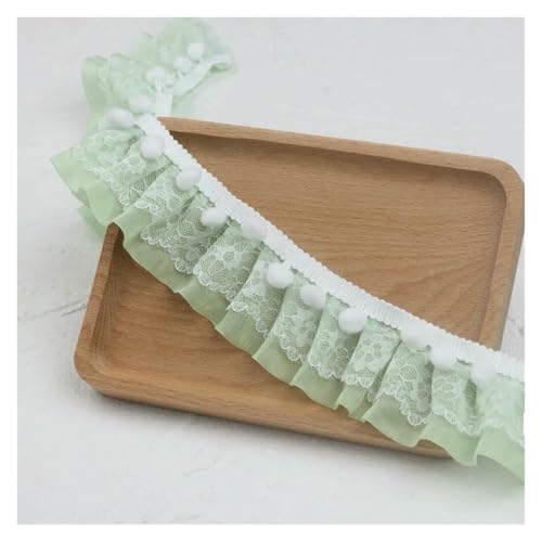 Spitzenborte zum Nähen, gerüschte Plissee-Spitzenborte, 10 m, Chiffon, plissiert, weiße Pompon-Applikation, DIY-Dekoration (grün) von QWFVHJ