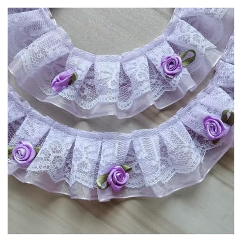 Spitzenborte zum Nähen, gerüschter plissierter Spitzenbesatz, 2 m, 2-lagige Blumenapplikation, Stoff, Rüschen (lila) von QWFVHJ