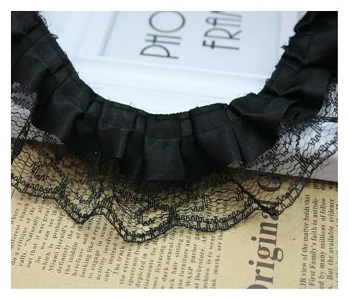 Spitzenborte zum Nähen, gerüschter plissierter Spitzenbesatz, 40 m, 2-lagig, 4,5 cm, Vintage-Stil, gerafftes Netz-Chiffonband (schwarz) von QWFVHJ