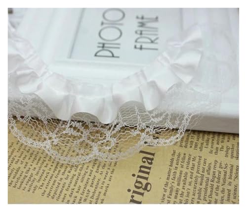 Spitzenborte zum Nähen, gerüschter plissierter Spitzenbesatz, 40 m, 2-lagig, 4,5 cm, Vintage-Stil, gerafftes Netz-Chiffonband (weiß) von QWFVHJ