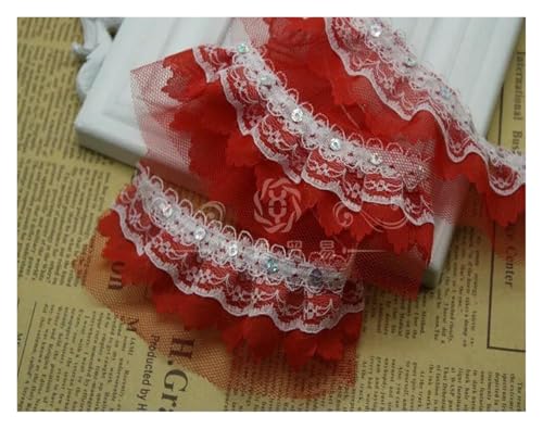 Spitzenborte zum Nähen, gerüschter plissierter Spitzenbesatz, 40 m, Vintage-Rüschen, Satin-Chiffon-Band, Stoff (rot) von QWFVHJ
