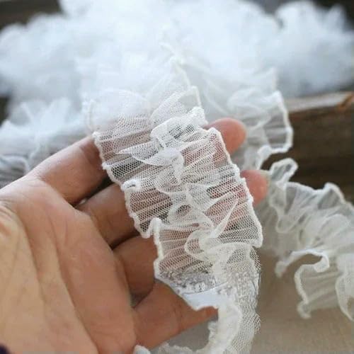 Spitzenborte zum Nähen, gerüschter plissierter Spitzenbesatz, Tüll-Mesh-Faltenstoff, Nadelarbeit mit Fransenband (gebrochenes Weiß) von QWFVHJ