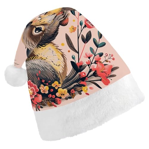 QWJKM Nikolausmütze mit Eichhörnchen und Blumen, weich, bequem, für Weihnachten, lustige, festliche Weihnachtsmütze für Erwachsene QWJKM Nikolausmütze mit Eichhörnchen und Blumen, weich, bequem, für Weihnachten, lustige, festliche Weihnachtsmütze für Erwachsene von QWJKM