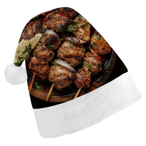 QWJKM Weihnachtsmütze mit Schaschlik-Motiv auf Holzteller, weich, bequem, für Weihnachten, lustig, festlich, Weihnachtsmütze für Erwachsene QWJKM Weihnachtsmütze mit Schaschlik-Motiv auf Holzteller, weich, bequem, für Weihnachten, lustig, festlich, Weihnachtsmütze für Erwachsene von QWJKM
