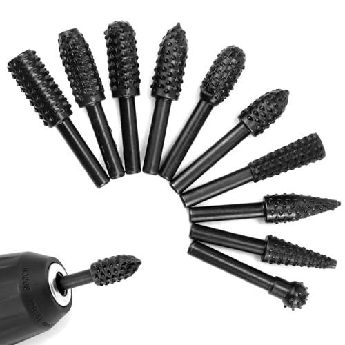 QWORK® 10 Stück Holzraspel Raspel Set, 1/4" Schaft, Holz Bohrer Fräser Set, 45# Stahl, Kompatibel mit Weichholz, Kunststoff, Gummi von QWORK