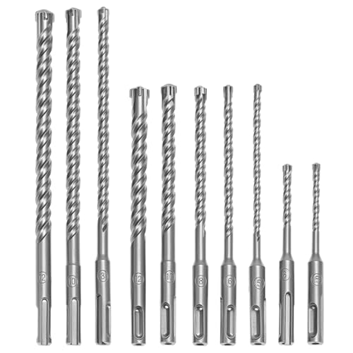 QWORK® 10-teiliges SDS Plus Bohrer Set, SDS Leistungsstarke Hammerbohrer für Beton, Ziegel und Stein mit 4-Schneiden-Design, Ø 5, 6, 8, 10, 12 mm, Lang 110mm,160mm, 210mm von QWORK