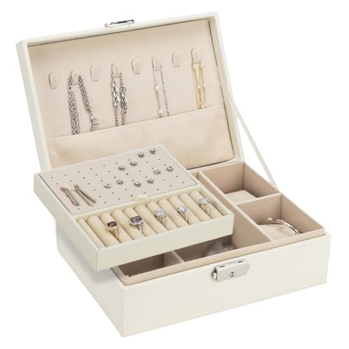 QWORK® 2-lagige schmuckschatulle mit abnehmbarem tablett, tragbare ohrringbox aus pu-leder für uhren, ringe und armbänder (weiß) von QWORK