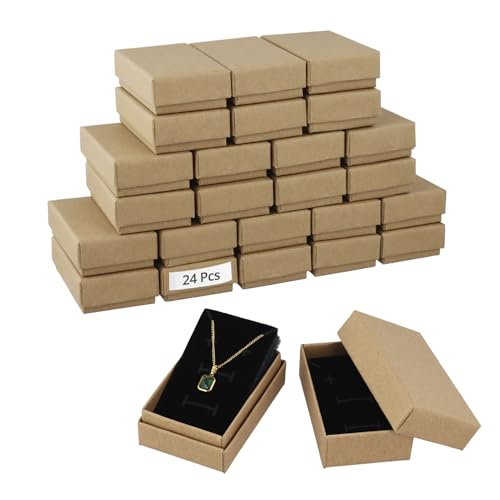 QWORK® 24 Stück Klein Kraft Braune Schmuckschatullen 8x5x3 cm - Pappschachteln mit Deckel für Schmuckaufbewahrung und Geschenke von QWORK