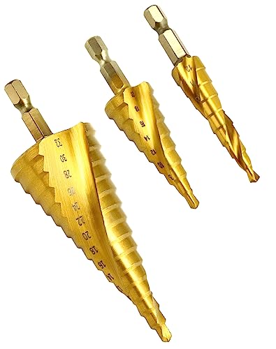 QWORK® 3 Stück Stufenbohrer Set, Spiralnut Stufenbohrer Set, 4 mm bis 12/20/32 mm, HSS Titan Beschichtet, für Holz, Kunststoff, Dünnes Blech von QWORK