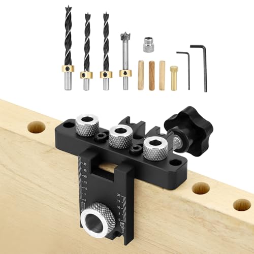 QWORK® 3-in-1 Taschenloch Bohrschablone Kit mit 3 Bohrergrößen (8/10/15mm) – Einstellbare Bohrlehre, inkl. Bohrer, Buchsen und Positionierungsblock von QWORK