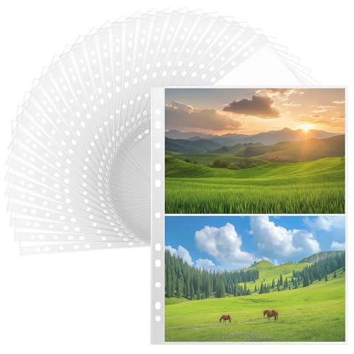 QWORK® 30 Pack Doppelseitig A4 Foto Hüllen für 120 Fotos (15x20cm), mit 11 Löchern für 2/3/4 Ringbuch - Ultraschallgeschweißt, Qualitäts-Polypropylen von QWORK
