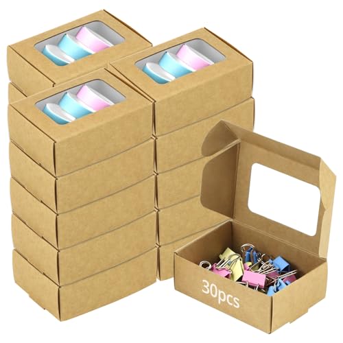 QWORK® 30er Set Braune Kraftpapierboxen mit Transparentfenster - 8,5 * 6 * 3 cm - Geschenk Box Faltschachtel für Schmuckdarstellung, Weihnachten, Hochzeit, Valentinstag von QWORK