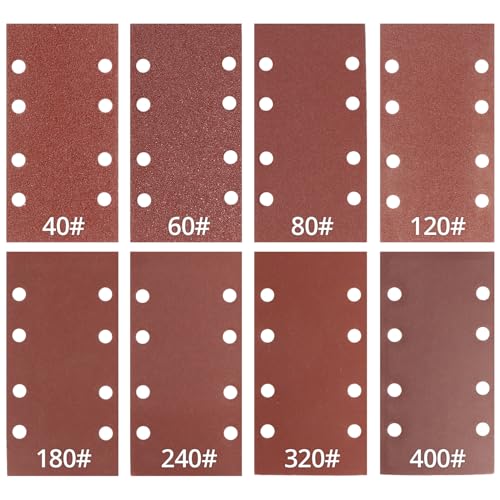 QWORK® 48 Stück Schleifblätter mit Klettverschluss, 93 x 185 mm, 8-Loch Schleifpapier (Körnung 40 bis 400) zum Polieren von Metallischen und nichtmetallischen Oberflächen von QWORK