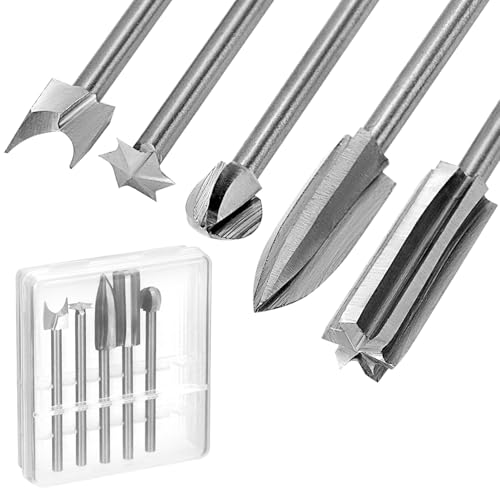 QWORK® 5 tlg. Holz Fräser Set für Rotationswerkzeug, 3mm*8mm, Schnellstahl Holzschnitzwerkzeuge für DIY Holz Gravieren Schnitzen Bohren Mikro-Skulptur von QWORK