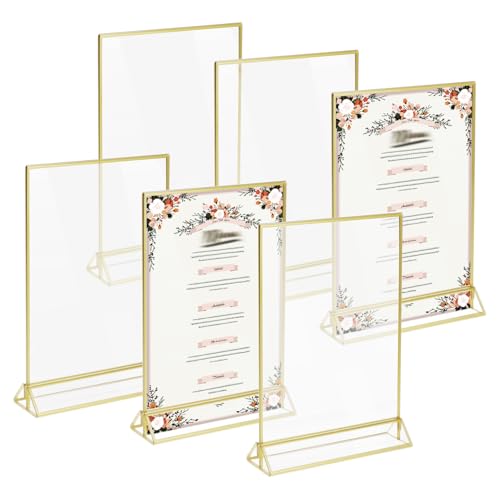 QWORK® 6 Stück Goldene Bilderrahmen, A5 Acryl-Schilderhalter Doppelseitig, Tischnummernhalter, für Hochzeit, Restaurant von QWORK