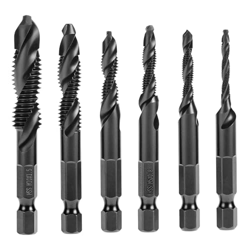 QWORK® 6 Stück Kombibohrer und Gewindeschneider, M3x0.5/M4x0.7/M5x0.8/M6x1.0/M8x1.25/M10x1.5 Gewindebohrer Set, für Aluminium, Holz & Kunststoff von QWORK
