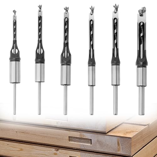 QWORK® 6 Stück Vierkantlochbohrer Set, 6,4/8/9,5/12,7/14/16 mm Quadratloch-Bohrer aus Schnellarbeitsstahl, für Holzbearbeitung von QWORK